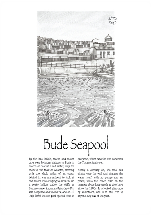 A black and white vintage-style travel poster titled 'Bude Seapool,' showing a seaside building and pool scene with a long descriptive text block below.