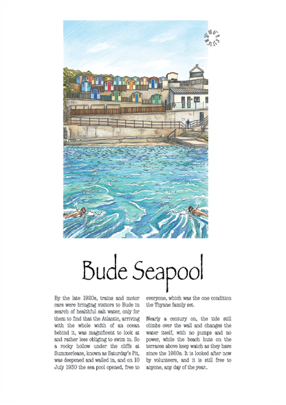 A vintage travel poster titled 'Bude Seapool' featuring an illustration of a seaside row of colorful buildings above a blue sea with small swimmers, plus blocks of descriptive text below.