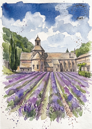 Watercolour painting  on a postcard of a lavender field leading towards Senanque Abbey, Provence, under a blue sky with white clouds.