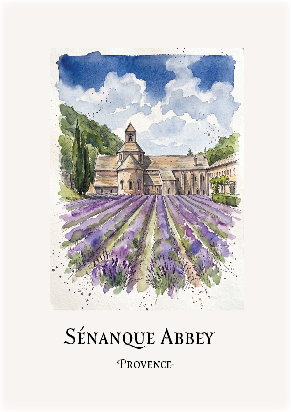 A watercolour-style art print featuring Sénanque Abbey in Provence, with lavender fields in the foreground, trees, and a blue sky. The text 'SÉNANQUE ABBEY' and 'PROVENCE' appears below the artwork on a light background.