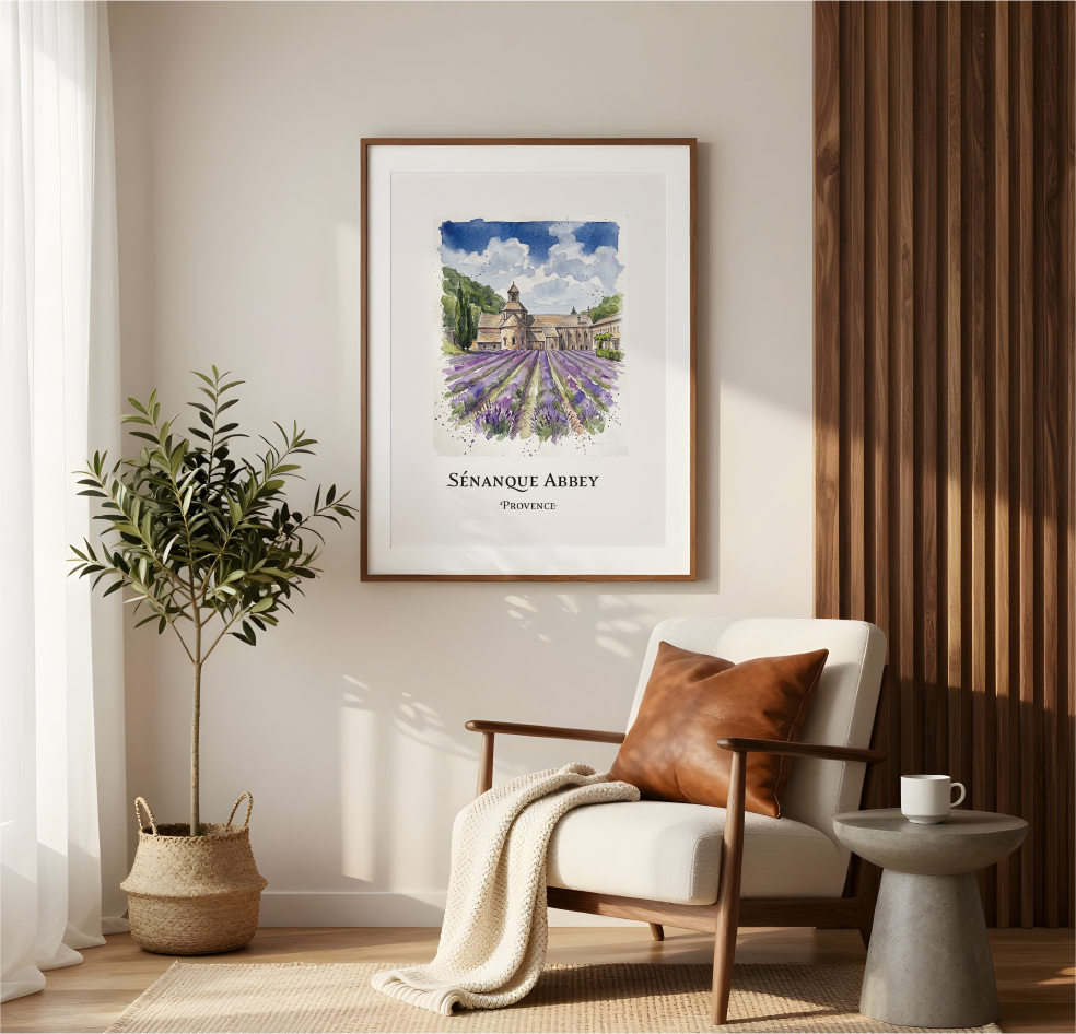 A framed art print of Sénanque Abbey lavender fields in Pérouges, displayed on a beige wall in a modern living room setting with a white armchair, a brown leather pillow, a potted plant, and a side table.