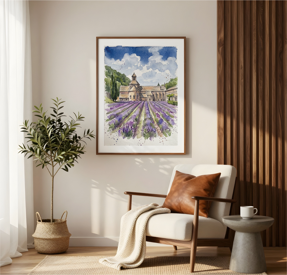 A framed watercolour painting of a lavender field leading to Senanque Abbey under a blue sky, displayed on a beige wall in a modern living room setting with a chair, plant, and side table.
