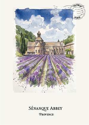 Watercolour art print postcard of Sénanque Abbey in Provence, France, featuring a lavender field in the foreground, green trees, and a blue sky with white clouds. The print is displayed on a cream-coloured background with the text 'SÉNANQUE ABBEY PROVENCE' printed below.