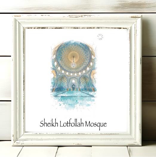 A framed art print featuring a watercolor illustration of the Sheikh Lotfollah Mosque with blue and gold details on a white background, set in a distressed square white wooden frame.
