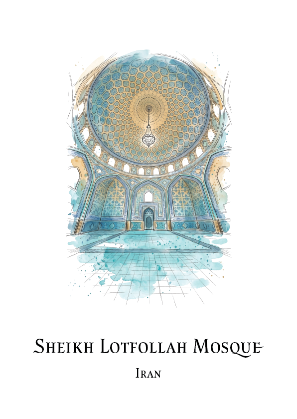 Watercolour architectural travel poster with an illustration of a grand domed interior with arches, tiled floors, and a hanging chandelier in soft blue, teal, beige, and white tones of the Sheikh Lotfollah Mosque