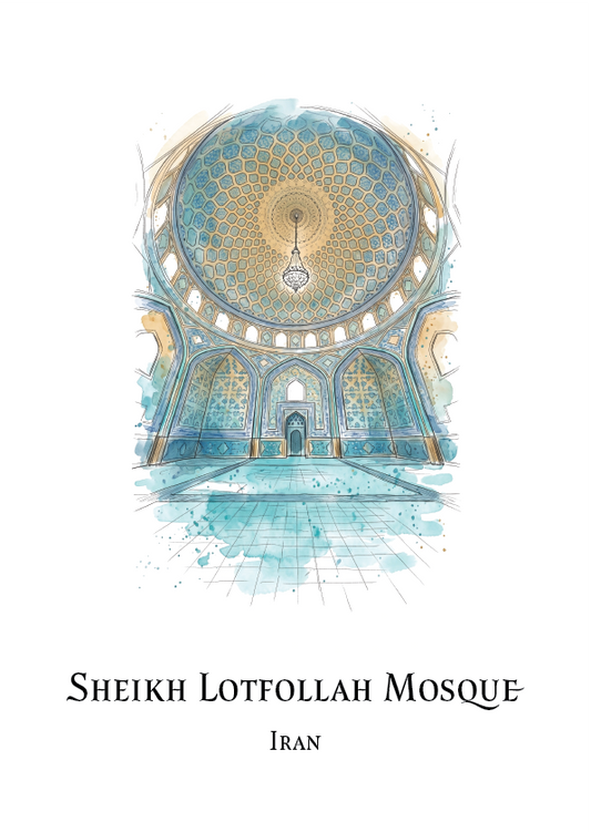 Watercolour architectural travel poster with an illustration of a grand domed interior with arches, tiled floors, and a hanging chandelier in soft blue, teal, beige, and white tones of the Sheikh Lotfollah Mosque