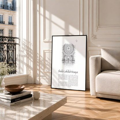 A framed vertical art print leaning against a paneled wall on a wood floor. The print features a black and white  illustration of the Sheikh Lotfollah Mosque dome, with the title and a short descriptive text below.