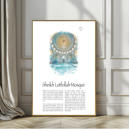 A framed vertical art print leaning against a paneled wall on a wood floor. The print features a watercolor illustration of the Sheikh Lotfollah Mosque dome in blue, gold, and white, with the title and a short descriptive text below.