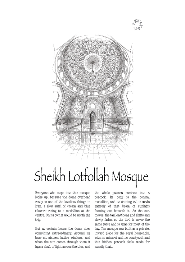 A black and white travel poster featuring a detailed line drawing of Sheikh Lotfollah Mosque, with descriptive text below and a small circular logo at the top right.