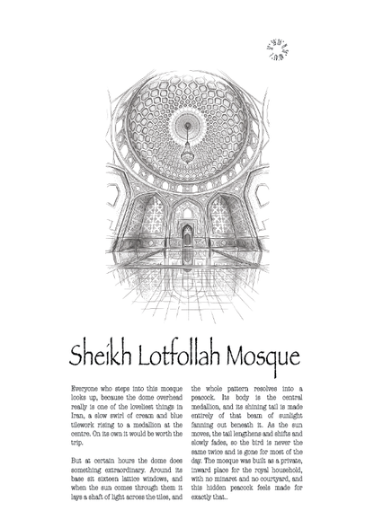 A black and white travel poster featuring a detailed line drawing of Sheikh Lotfollah Mosque, with descriptive text below and a small circular logo at the top right.