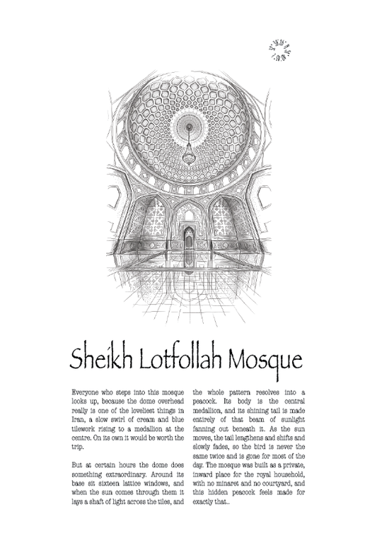 A black and white travel poster featuring a detailed line drawing of Sheikh Lotfollah Mosque, with descriptive text below and a small circular logo at the top right.