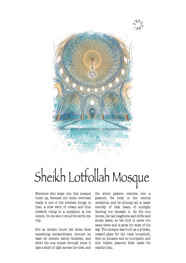 A travel poster featuring an illustration of the Sheikh Lotfollah Mosque in Damascus, with a large blue and gold mosque drawing at the top and a block of descriptive text below.