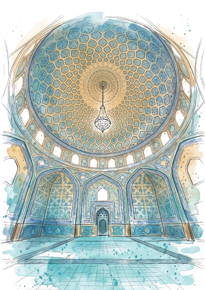 Watercolour architectural illustration of a grand domed interior with arches, tiled floors, and a hanging chandelier in soft blue, teal, beige, and white tones of the Sheikh Lotfollah Mosque