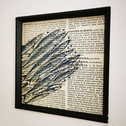 Signed original book page with watercolour and ink illustration - Shoal of Sardines
