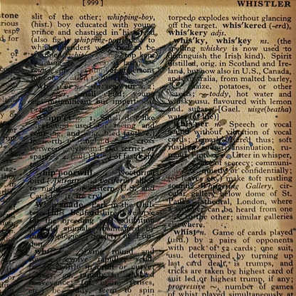 Artistic depiction of a shoal of fish on a book page with text background