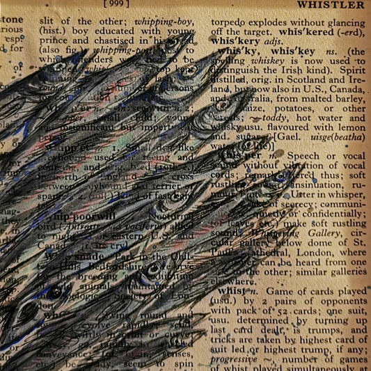 Artistic depiction of a shoal of fish on a book page with text background