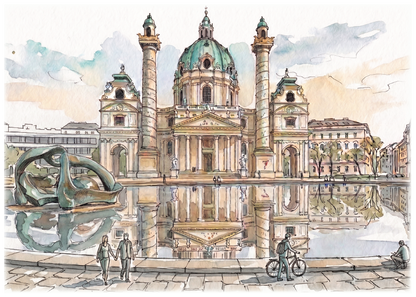 Watercolor and ink architectural artwork of St Charles Church, Austria, reflected in a foreground pool, with small figures and a bicycle in the scene.