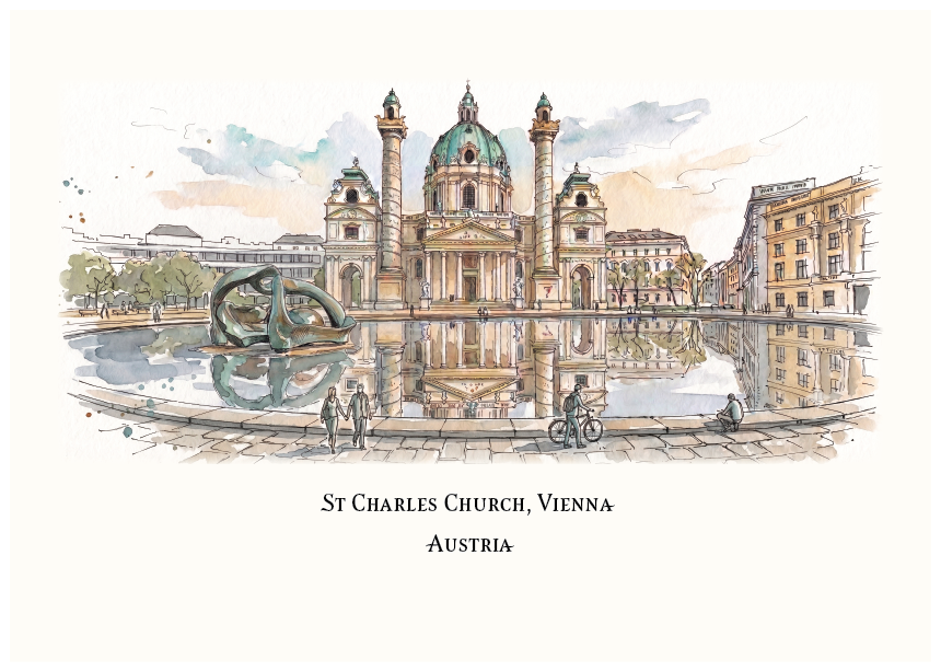 Watercolor-style art print of St. Charles Church in Vienna, Austria, showing the church facade, reflection pool, surrounding buildings, and a few small figures and a bicycle.