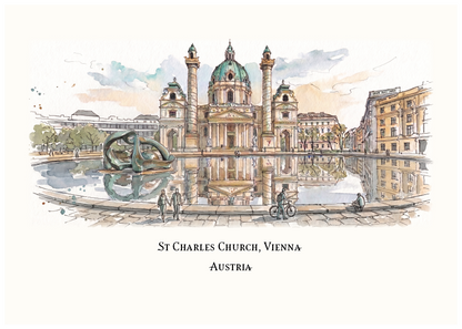Watercolor-style art print of St. Charles Church in Vienna, Austria, showing the church facade, reflection pool, surrounding buildings, and a few small figures and a bicycle.