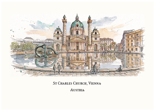 Watercolor-style art print of St. Charles Church in Vienna, Austria, showing the church facade, reflection pool, surrounding buildings, and a few small figures and a bicycle.