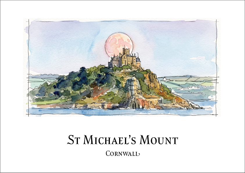 Illustration of St Michael's Mount, Cornwall with a castle on an island and a large moon in the sky.