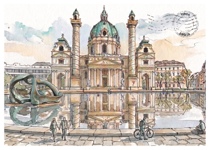 Watercolour-style artwork of St Charles Church, Vienna, reflected in a foreground pool, with a sculpture on the left, small figures and a bicycle near the bottom, and a postmark in the upper right.