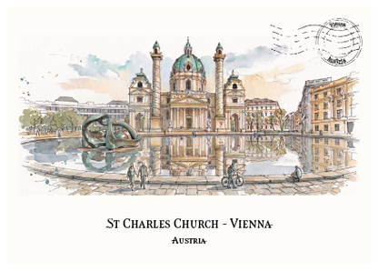 Watercolour-style travel print of St. Charles Church in Vienna, Austria, showing the church, reflection pool with sculpture, surrounding buildings, and a postmark in the upper right.