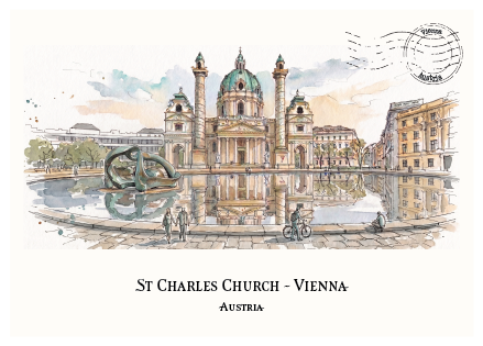 Watercolour-style travel print of St. Charles Church in Vienna, Austria, showing the church, reflection pool with sculpture, surrounding buildings, and a postmark in the upper right.