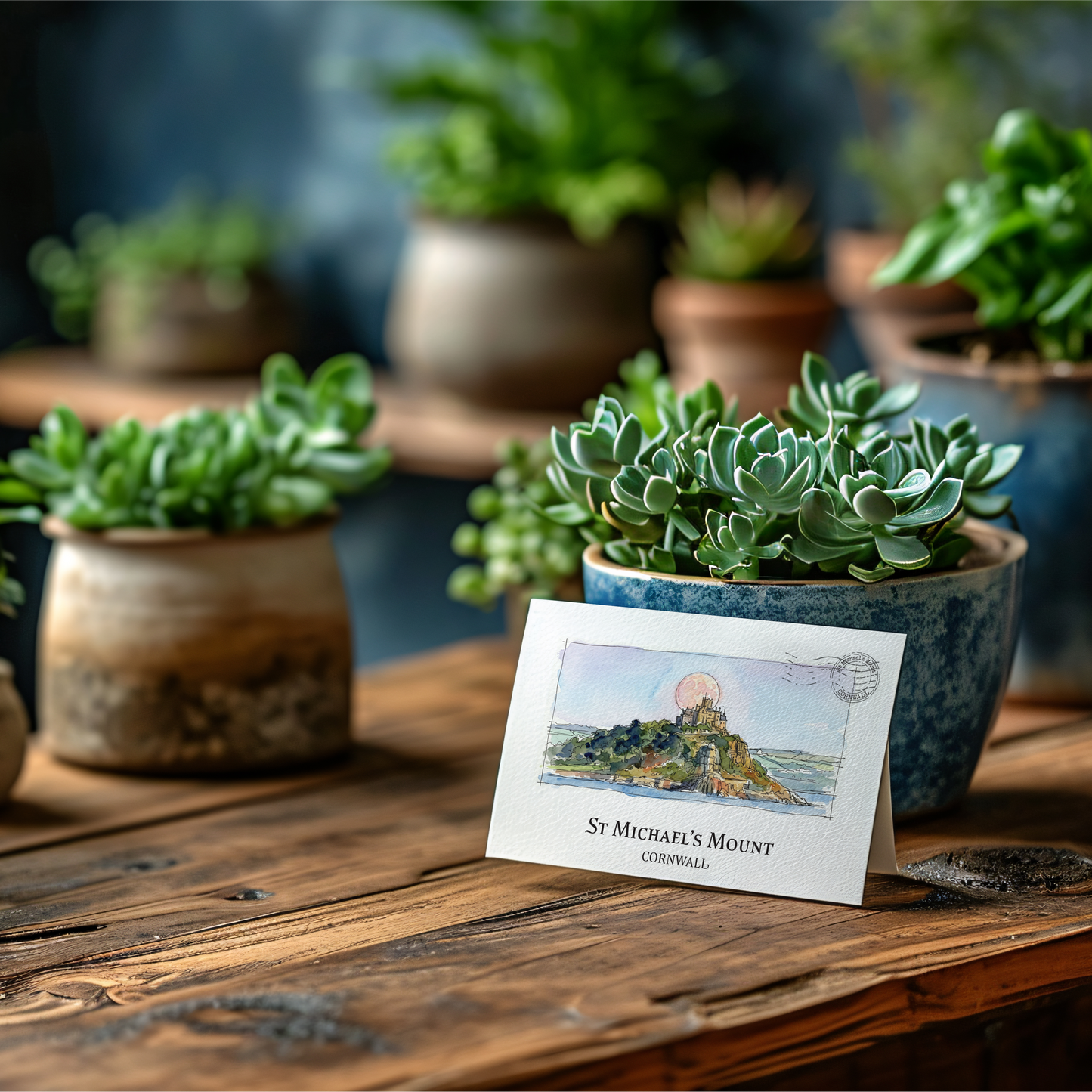 A small white postcard with a landscape illustration and the text 'ST MICHAEL'S MOUNT CORNWALL' stands on a rustic wooden table. The postcard is styled in a cozy indoor setting with potted succulents in the background.
