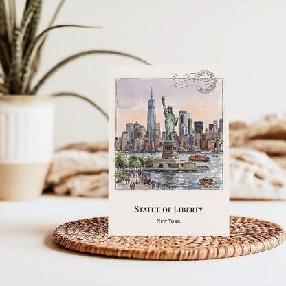 A vertical postcard featuring a watercolour illustration of the Statue of Liberty and New York City skyline, styled on a woven placemat with a potted plant in the background.