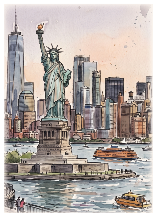 Watercolour-style travel art print of the Statue of Liberty in New York City, with the skyline, Freedom Tower, boats on the water, and a walkway with small figures. 
