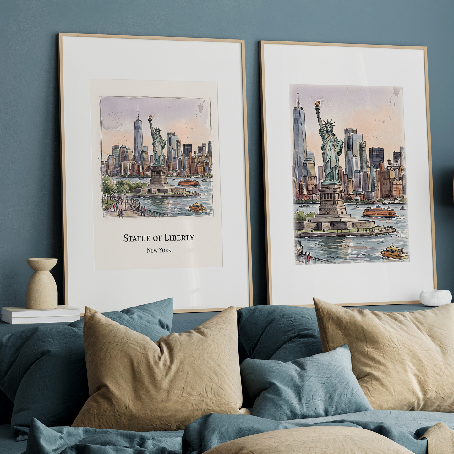 Two framed watercolour art prints of the Statue of Liberty and New York City skyline against a dark blue wall on a shelf above a bed with blue and beige pillows, a wooden lamp, and books.