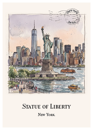 A postcard featuring a watercolour-style illustration of the Statue of Liberty and the New York City skyline, with a postmark graphic and the text 'STATUE OF LIBERTY' and 'NEW YORK' below the artwork.