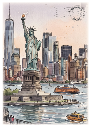 Postcard with a Watercolour-style illustration of the Statue of Liberty in New York City, with the city skyline, water, ferries, and a postmark in the upper right.