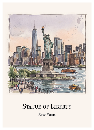 Watercolour-style travel art print of the Statue of Liberty in New York City, with the skyline, Freedom Tower, boats on the water, and a walkway with small figures. The print is centered on a warm cream background with the text 'Statue of Liberty' and 'New York' below the artwork.