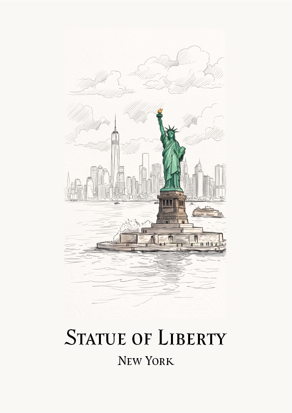 A minimalist art print featuring a hand-drawn sketch of the Statue of Liberty in New York, with the city skyline in the background. The text 'STATUE OF LIBERTY' and 'NEW YORK' is printed below the illustration on a clean, off-white background.