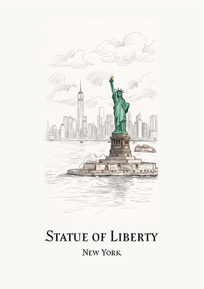 A minimalist art print featuring a hand-drawn sketch of the Statue of Liberty in New York, with the city skyline in the background. The text 'STATUE OF LIBERTY' and 'NEW YORK' is printed below the illustration on a clean, off-white background.