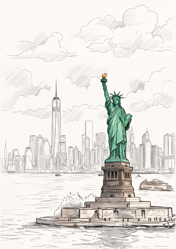 A hand-drawn style illustration of the Statue of Liberty in New York City, with the skyline, water, boats, and clouds rendered in black sketch lines on an off-white background.