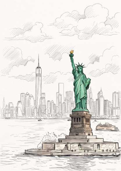A hand-drawn style illustration of the Statue of Liberty in New York City, with the skyline, water, boats, and clouds rendered in black sketch lines on an off-white background.