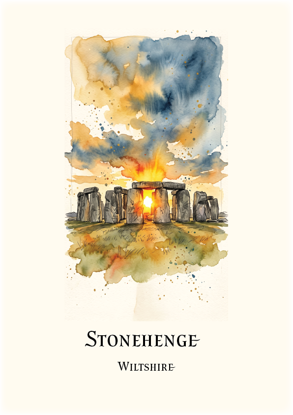 Watercolour art print of Stonehenge in Wiltshire, featuring the ancient stone circle under a dramatic blue and orange sky, with the text 'STONEHENGE' and 'WILTSHIRE' printed below on a cream background.