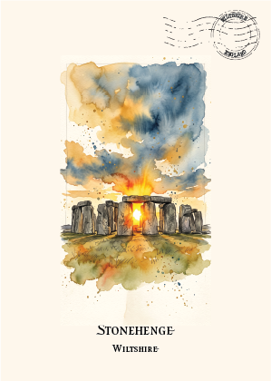 Watercolour art print postcard of Stonehenge, Wiltshire, featuring the ancient stone circle at sunset with a watercolor sky in blue, orange, and yellow tones, on a cream background with a simulated postage stamp graphic.