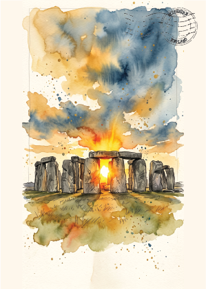 Watercolour painting postcard of Stonehenge at sunset, with the glowing orange and yellow sun behind the stones, blue-gray clouds above, and a cream paper background with a faint postage stamp mark in the upper right.