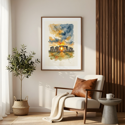 A framed watercolour art print of Stonehenge at sunset hangs on a beige wall in a modern, sunlit living room with a white armchair, a potted plant, and a small side table.