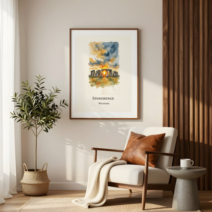 A framed watercolour art print of Stonehenge, Wiltshire hanging on a beige wall in a modern, sunlit living room with a white armchair, a potted plant, and a side table.