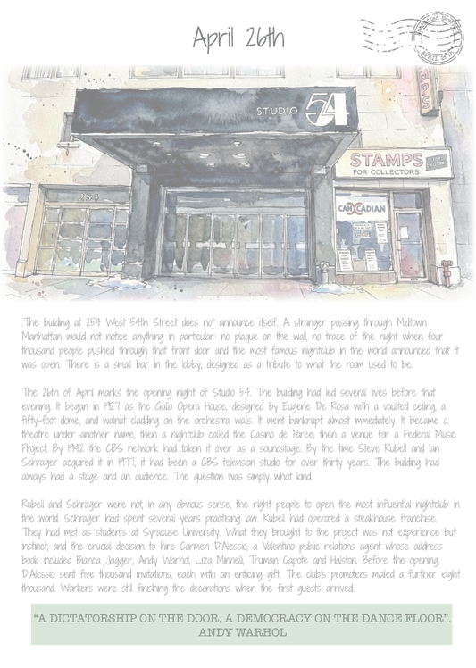 Watercolor painting of a Studio 54 building  in New York with text overlay