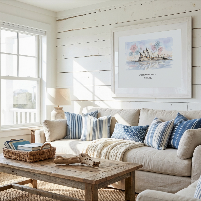 A styled living room corner featuring a beige sofa with blue and white striped pillows, a rustic wooden coffee table, and a framed art print on a white shiplap wall.