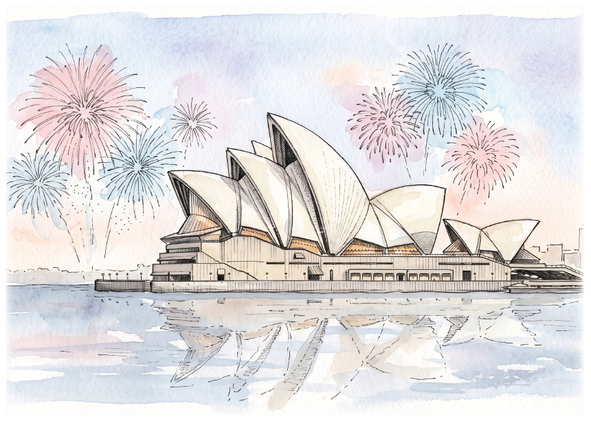 Watercolour-style illustration of the Sydney Opera House with fireworks bursting in pink, blue, and white tones above the water and building reflection.