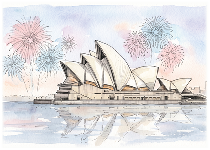 Watercolour-style illustration of the Sydney Opera House with fireworks bursting in pink, blue, and white tones above the water and building reflection.