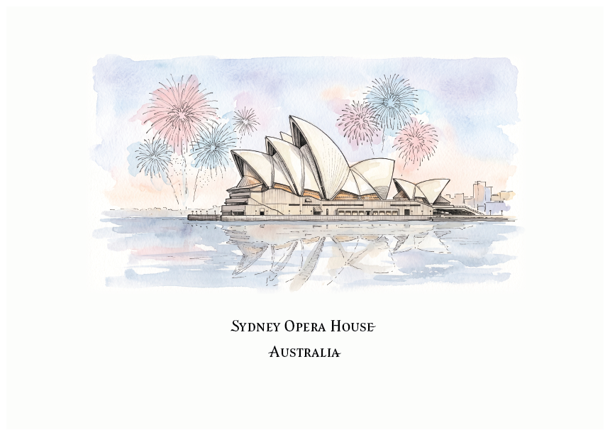 A watercolour-style art print featuring the Sydney Opera House with fireworks in the background and the text 'SYDNEY OPERA HOUSE AUSTRALIA' below on a white background.