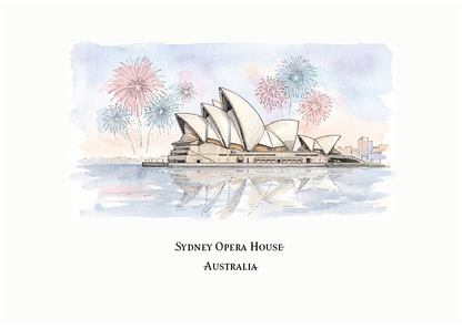 A watercolour-style art print featuring the Sydney Opera House with fireworks in the background and the text 'SYDNEY OPERA HOUSE AUSTRALIA' below on a white background.